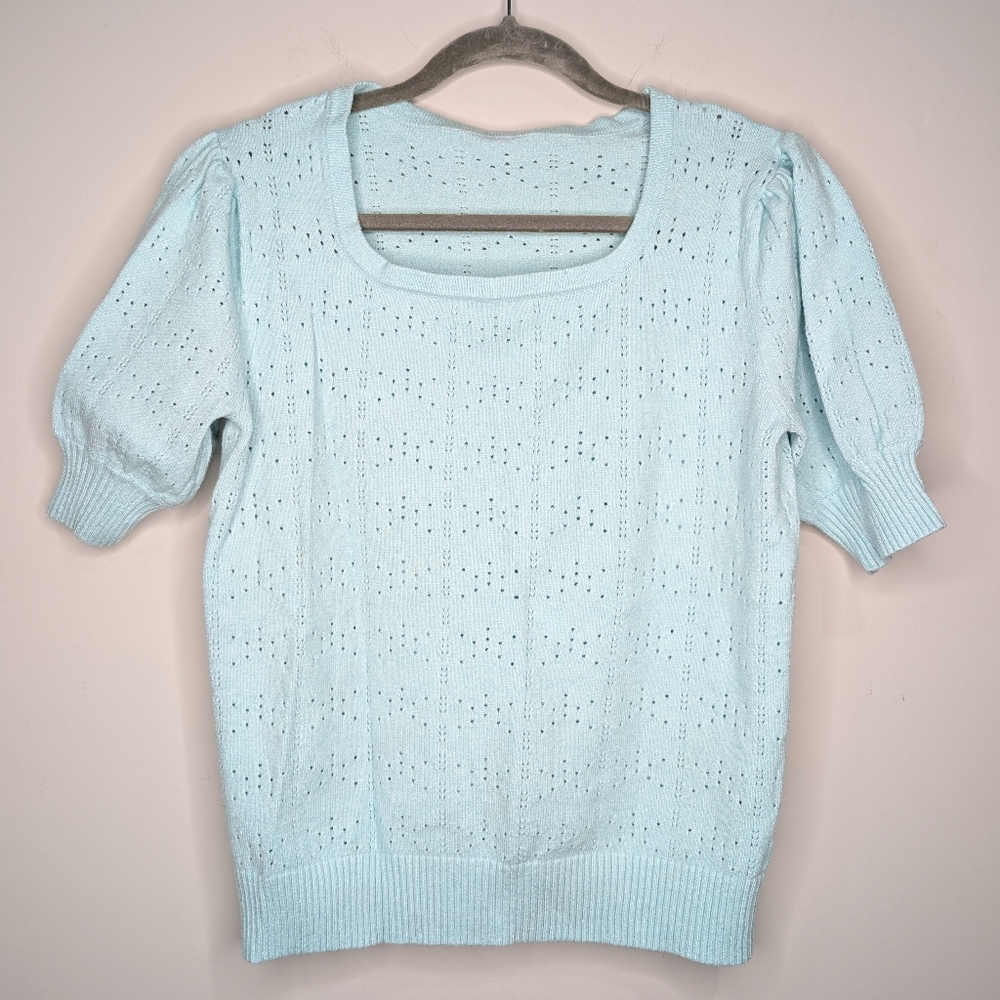 Aqua Eyelet Puff Sleeve Sweater – Size Large